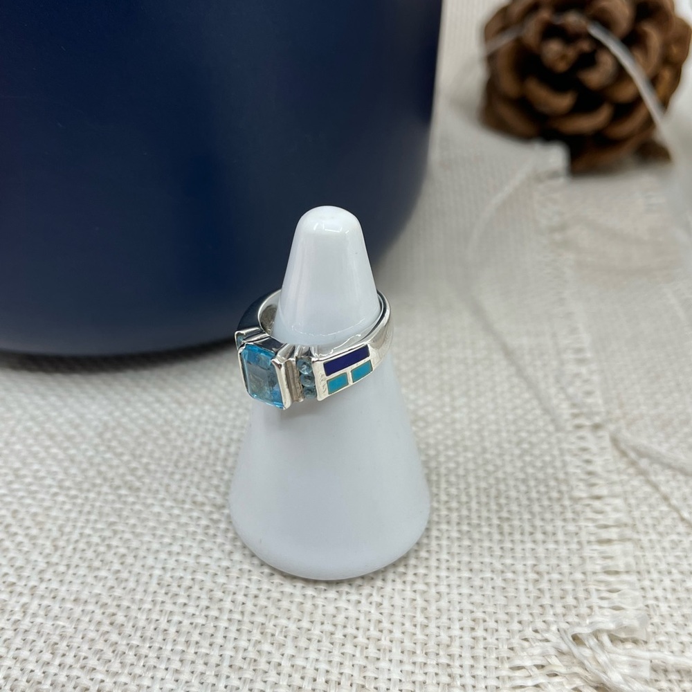 Vintage 925 Sterling Silver Turquoise Lapis Inlay Ring Size 5 - Picture 13 of 16